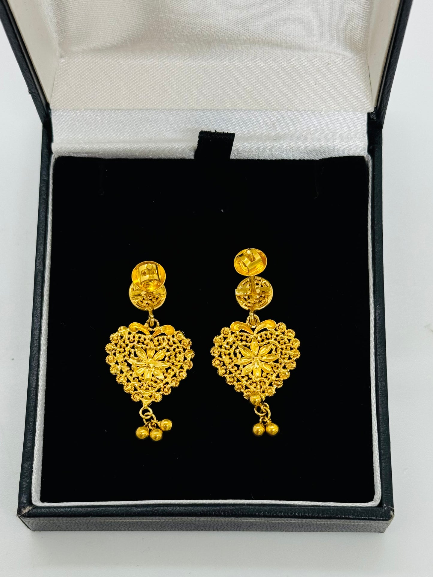 22ct Filigree Heart Drop Earrings